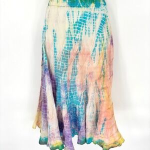 Fashion Womens Tie Dye Cotton Midi Skirt Multicolor Boho Tiered Elastic Waist M